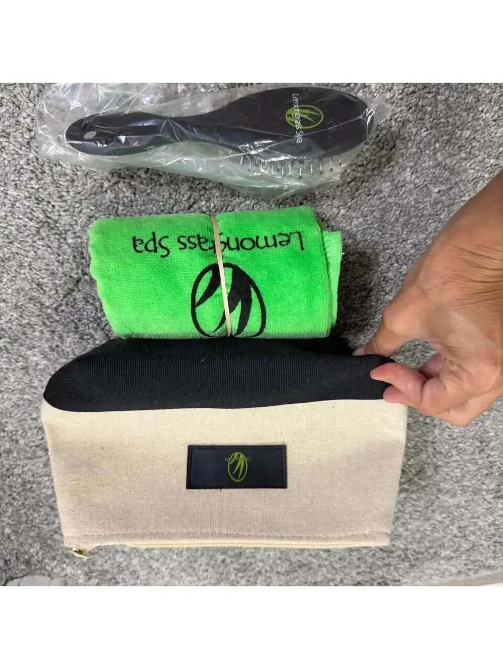Lemongrass Spa Makeup Bag, Hairbrush, and Towel Set NEW